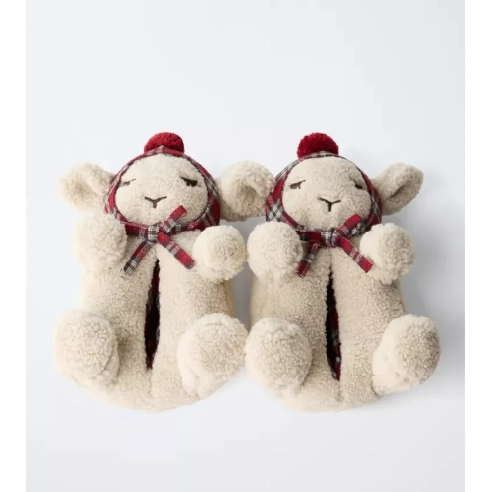 Zara Sheep Plush House Slippers in Cream with Red Plaid Accents